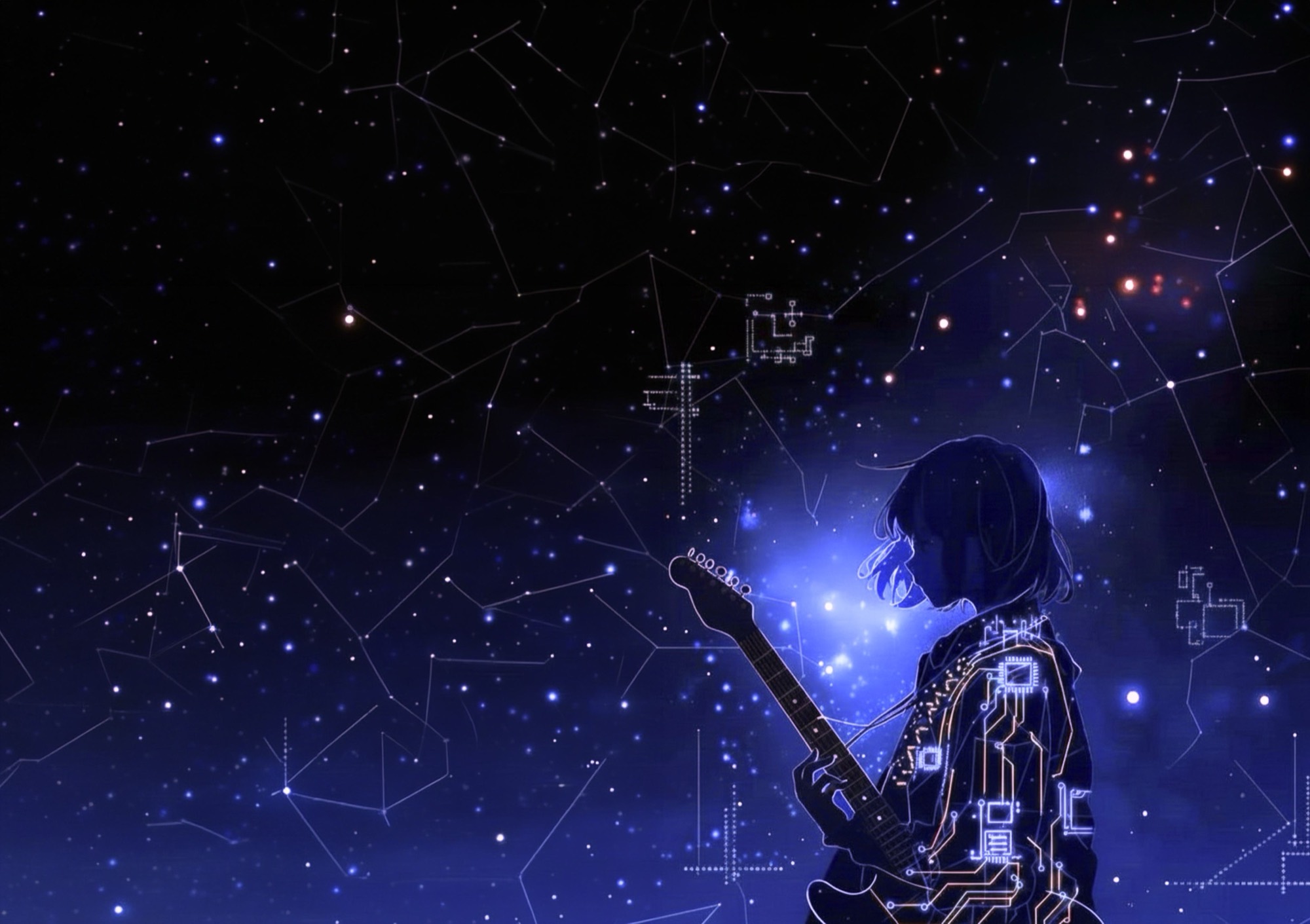 星空と回路の下でギターを構える透明回路のシルエット